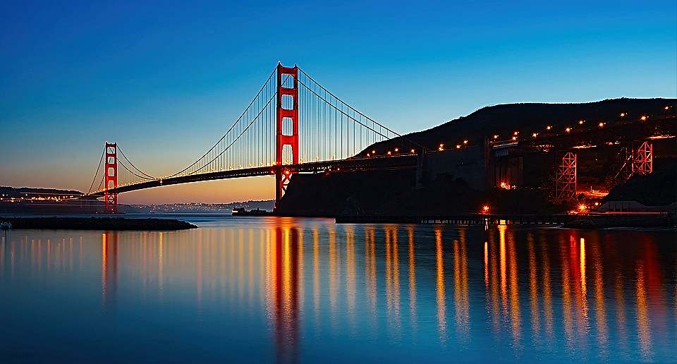 Golden Gate bridge lit at night
